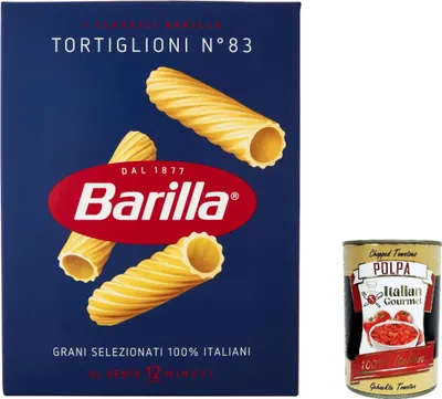 Produktbild von 10x Barilla Tortiglioni n° 83, Pasta 100% italienisch Nudeln aus Hartweizengrieß 500g Packung + Italian Gourmet Polpa di Pomodoro 400g Dose