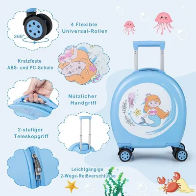 Produktbild von 4 teiliges Kinderkoffer + Rucksack 10”+14” Kindertrolley mit Rollen Blau