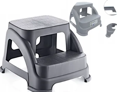 A multi-angle view of a gray plastic step stool.