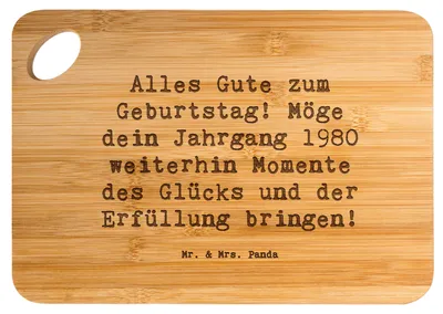 Produktbild von Mr. & Mrs. Panda Frühstücksbrettchen Spruch 1980 Geburtstag - Transparent - Geschenk, Glückwunsch, Happy Birthday, Geburtstagsgeschenk, geboren, Schneidebrett, Holzbrett