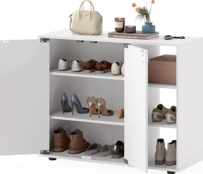 Immagine prodotto di Scarpiera COSTWAY, scarpiera con 2 ante, ripiani, cassettiera per scarpe, contenitore per scarpe per corridoio, ingresso e soggiorno, 80 x 31 x 64,5 cm, bianco