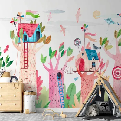Produktbild von Selbstklebende Folie Fototapete - Painted tree houses - a colourful fantasy with kites for children 343x256 cm Für Kinder e-B-10010-a-a