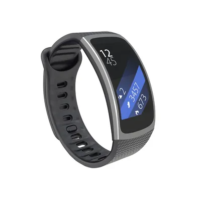 A black Samsung Gear Fit 2 fitness tracker is shown against a white background.