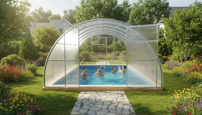 Obrázek produktu pro Kryt bazénu "Mirella" od Garten Dream. 3.5x6M se 4mm polykarbonátem Celoroční použití. Odolný proti sněhu a větru. Dvířka na každé straně. Ochrana proti korozi