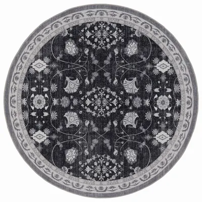 Productafbeelding van Vintage-tapijt met korte pool, oosters design, geschikt voor woonkamer, slaapkamer of kinderkamer, zwart, rond, 160x160 cm