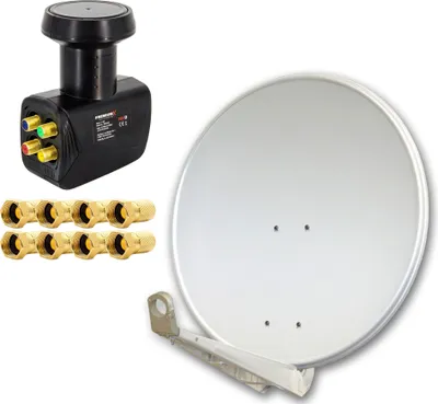 Produktbild von Antenne PremiumX DELUXE80 Aluminium 80cm Digital SAT Schüssel Spiegel in Hellgrau für HDTV HD+ 3D 4K Ultra + LNB Quad 0,1 dB PremiumX PXQS-SE Quattro Switch + 8 x 7mm F-Stecker