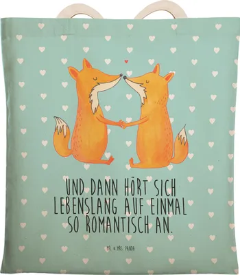 Produktbild von Mr. & Mrs. Panda Tote Bag Füchse Liebe - Türkis Pastell - Geschenk, Freundin, Fuchs, Ehemann, Einkaufstasche, Tasche, shopping, taschen shopper, Beutel