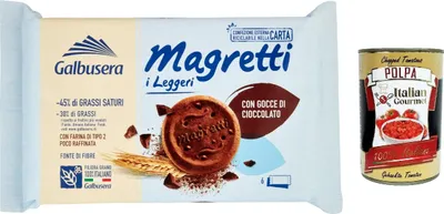 Produktbild von 6x Galbusera Magretti i Leggeri, Kekse mit Schokoladentropfen, biscuits cookies, 260g + Italian Gourmet polpa 400g