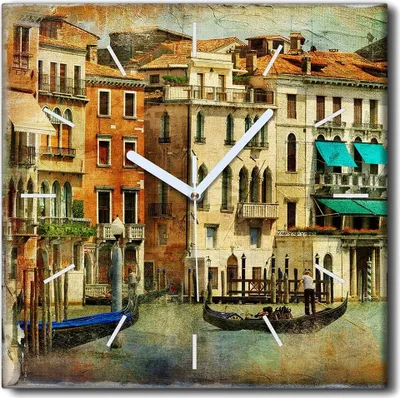 Produktbild von Coloray Uhr auf Leinwand 30x30 cm Wand Uhr Dekoration Wohnzimmer Segeltuch weiße Zeiger -Venedig Landschaft.