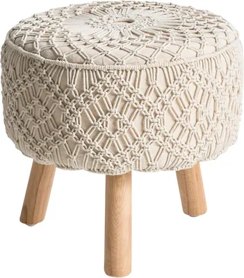 Produktbild von Beigefarbener Hocker aus Baumwolle und Holz, 40 x 40 cm, mit Makramee im Boho-Stil Manzai