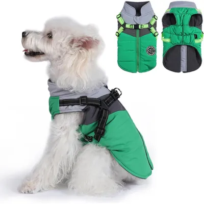 Immagine prodotto di Cappotto per cani, invernale, caldo, impermeabile, antivento, riflettente, con imbracatura, taglia XS, verde e grigio