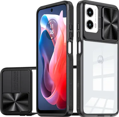 Produktbild von Hülle für Motorola Moto G (2024) Transparent TPU Bumper Schutzhülle mit Schiebe Kamera Schutz Schwarz