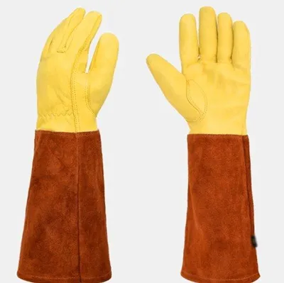 Productafbeelding van Bruin, extra lange tuinhandschoenen, dubbellaagse beschermende tuinhandschoenen voor het planten van groenten, bloemen, het maken van bloemstukken en het snoeien.
