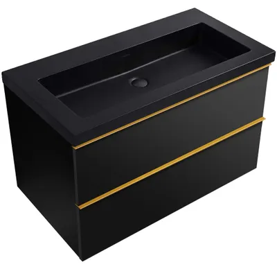 Obrázok produktu pre Kúpeľňová skrinka Velora – matná čierna, zlatá úchytka + umývadlo z liateho mramoru Ovo – matná čierna – 80,5 x 58 x 46,5 cm
