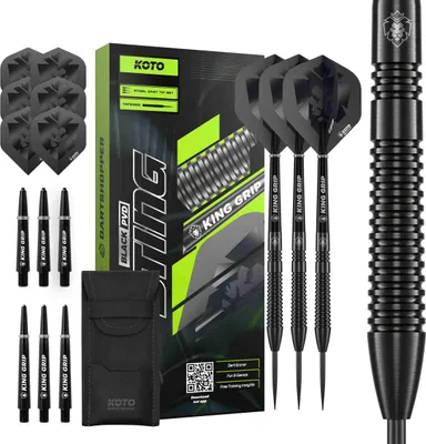 Produktbild von KOTO – Sting Black Tapered Dartpfeile Tungsten 90%, 22 G, Schwarz, Mit 6 Flights, Shafts und Wallet, Steeldarts, Darts profi Set, 3 Dart pfeile
