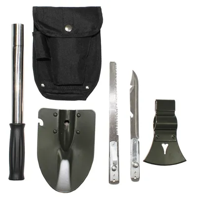 A set of multi-tools laid out on a white background.