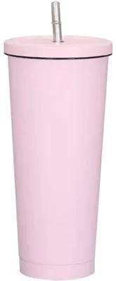 Produktbild von 750-ml-Reisebecher, doppelwandiger Edelstahlbecher, vakuumisolierte Wasserflasche, isolierter Wasser- und Kaffeebecher, doppelwandiger Becher mit Strohhalm, Bürste und Deckel, Rosa