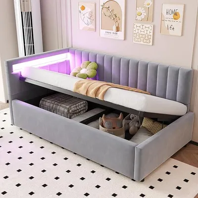 Obrázek produktu pro Rozkládací pohovka s dětskou postelí, rozměry 90x200 cm, s LED podsvícením čela, potah z veluru, světle šedá barva