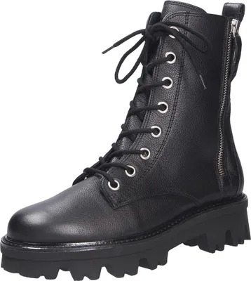 A black leather lace-up boot with a side zipper and a thick sole, presented against a white background.