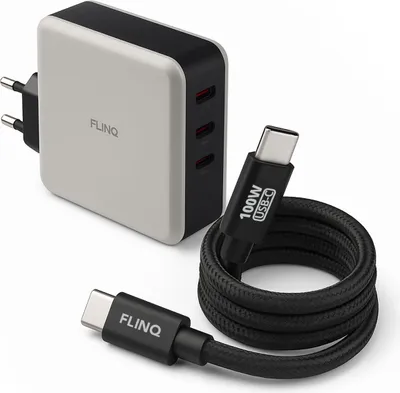 Produktbild von FlinQ USB-C-zu-USB-C 100W + Adapter – Schnellladen für Handy, Laptop & Tablet – Daten- und Ladekabel – 2 m Nylon-Kabel