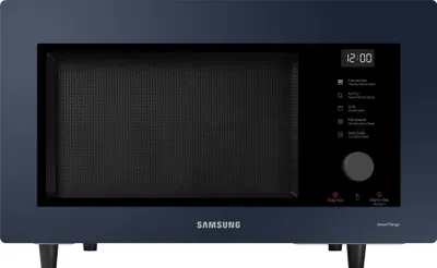 A front view of a dark blue Samsung microwave oven on a white background.