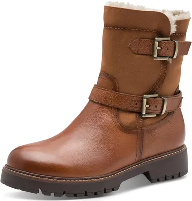 A single brown leather boot with fur lining and buckles, shown against a white background.