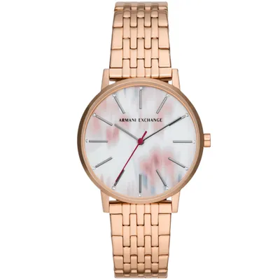 A close-up studio shot of a women's wristwatch against a white background.