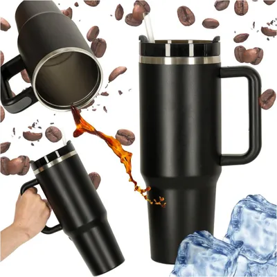Image de Mug isotherme avec paille et anse, 1 200 ml, noir