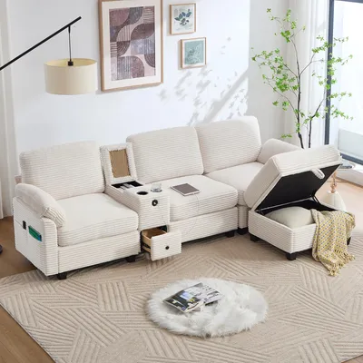 Immagine prodotto di LVHOM Divano a 3 posti con poggiapiedi, divano angolare a L con vano portaoggetti, porta USB-C e 2 portabicchieri, divano modulare, beige