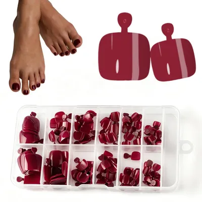 Image de Faux ongles, 120 pièces, 12 tailles, ongles artificiels pour les orteils, à coller, couverture complète, couleur rouge vin