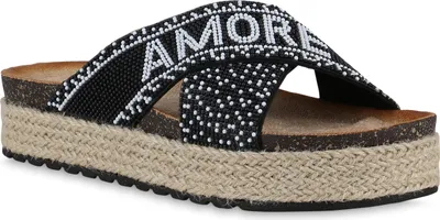 Produktbild von VAN HILL Damen Pantoletten Sandaletten Print Zierperlen Bast Plateau Schuhe 841099, Farbe: Schwarz, Größe: 39
