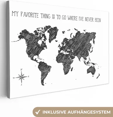 Produktbild von OneMillionCanvasses® - Leinwandbilder - 150x100 cm, Weltkarte - Schwarz - Weiß - Zitat, Wandbilder Kunstdruck Wanddekoration