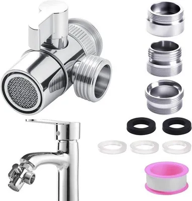 Produktbild von Dreiarmiger Wasserhahnadapter - Wasserleitungsanpassung - Drei Ausgänge - M22 M24 G1/2 - Silberfarbig