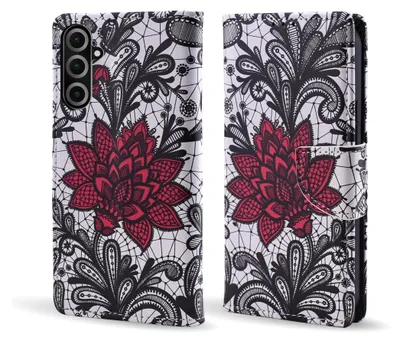 A flip-style phone case with a floral lace pattern, shown from the front and side.
