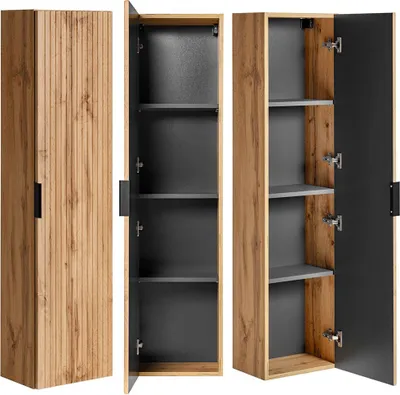 A product image showing a tall, narrow cabinet with a wood-grain finish and a black door. The cabinet is shown in three views: closed, open with shelves, and open with shelves and a black door.