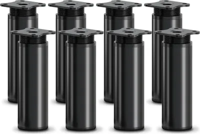 A set of eight black, cylindrical furniture legs with mounting plates are arranged in two rows on a white background.