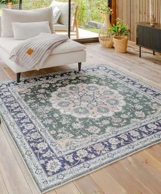 Image de Tapis d'extérieur vintage Unyqoos® Valenca Nova – Vert foncé, forme carrée, 160x160 cm, structure 3D, lavable, pour intérieur et extérieur