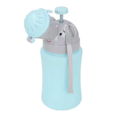 A light blue portable urinal cup with a gray elephant-shaped top, designed for children.