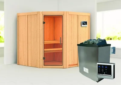 Produktbild von Karibu Sauna Innensauna Jarin Eckeinstieg Ofen 9 KW externe Strg easy 196x196x198 cm ohne Dachkranz mit Klarglastür