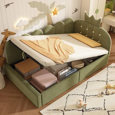 Image de Lit de jour en velours vert 90 x 190 cm avec rangement hydraulique, lit rembourré et canapé en L au design « couronne », lit de jour avec sommier à lattes silencieux, sans matelas