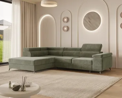 Produktbild von MOEBLO Ecksofa OSTIN – L-Form Wohnlandschaft mit Schlaffunktion, Bettkasten, 6-fach verstellbaren Kopfstützen und Armlehne, 290x75-90x202 cm - Ottomane Links - Winter Moss (Spark 10)
