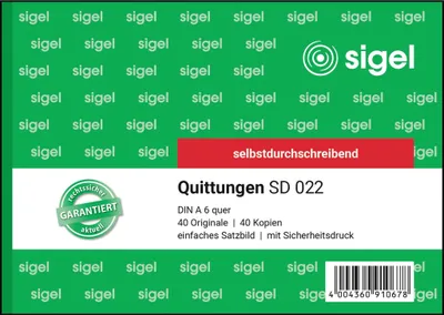 Produktbild von SIGEL SD022 Quittungen, einfaches Satzbild, 1. und 2. Blatt bedruckt, mit Sicherheitsdruck, A6 q, selbstdurchschreibend, 2 x 40 Blatt
