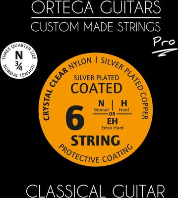 Produktbild von Ortega Guitars Nylon Gitarren Saiten – Satz für 3/4 Gitarre, Normal – Custom Made Strings Pro Series – Nylon/Silberbeschichtetes Kupfer (NYP34N)