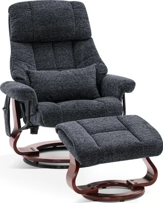 Produktbild von MCombo Relaxsessel mit Hocker, Drehbare Fernsehsessel mit Liegefunktion, Moderner TV-Sessel Stuhl für Wohnzimmer, mit Kissen & Seitentasche, ohne Massagefunktion, Stoff, 9066 (dunkelgrau)