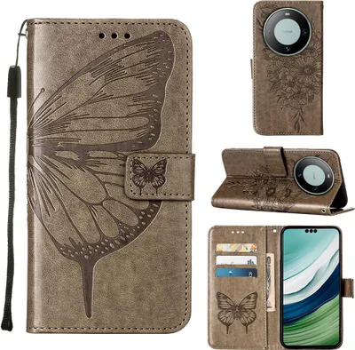 Produktbild von Lederhülle für Huawei Mate 60 Pro Schmetterling Prägung Flip Ledertasche Kartenfächer Handyhülle mit Ständer Grau