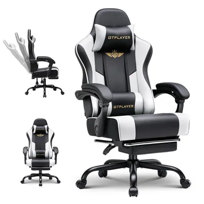 Zdjęcie produktu dla Fotel gamingowy GTPLAYER – ergonomiczny fotel dla graczy z podnóżkiem, zagłówkiem i podparciem lędźwiowym, z regulacją wysokości, kolor biały