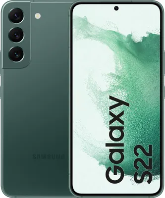 A studio shot of a Samsung Galaxy S22 smartphone, shown from the back and front.