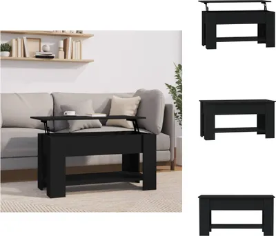 A black lift-top coffee table is shown in a living room setting, placed in front of a sofa. The table has its top lifted, revealing storage space. Additional product shots are displayed on the right side of the image.