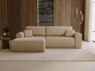 Produktbild von GrainGold Ecksofa L-Form Links Belvio -  Ecksofa mit Schlaffunktion und Bettkasten - Moderne Ecksofa, Wohnzimmer Ecksofa - Eckcouch Beige (Tilia 03)