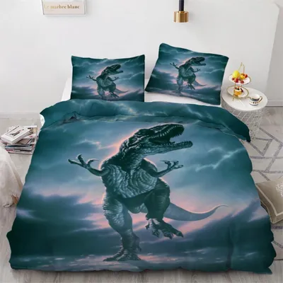 Zdjęcie produktu dla Komplet pościeli 155x220 cm, 3-częściowy, z mikrofibry, motyw dinozaurów. Dwustronna pościel z zamkiem błyskawicznym